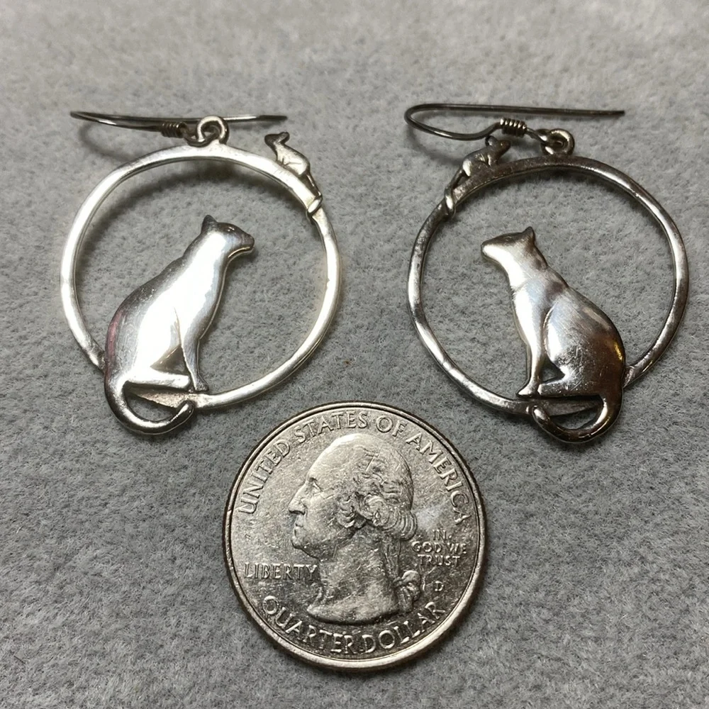 Solid Sterling Silver Full Moon Cat Earrings Vintage Goth Witch
